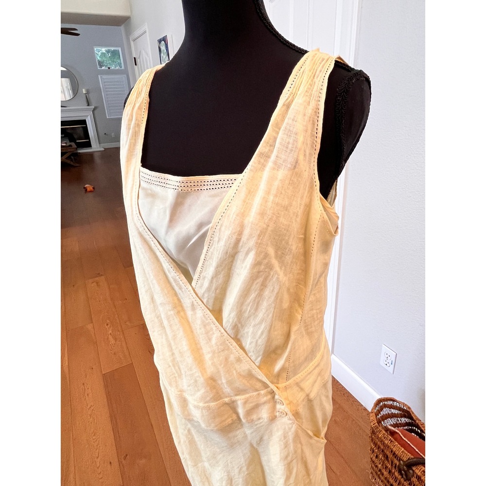 Max Studio Faux Wrap Dress Womens M Yellow Linen Drop Waist Midi Pockets EUC